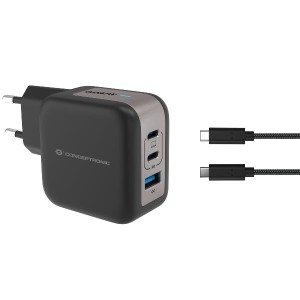 3-Port 67W GaN USB PD Charger with USB-C Charging Cable USB-C x 2 USB-A x 1 QC 3.0 PPS Black