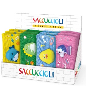 Taschetta Squishy con zip in tessuto con squishy misura 21 x 9 5 x 3 5 cm in espositore da banco.